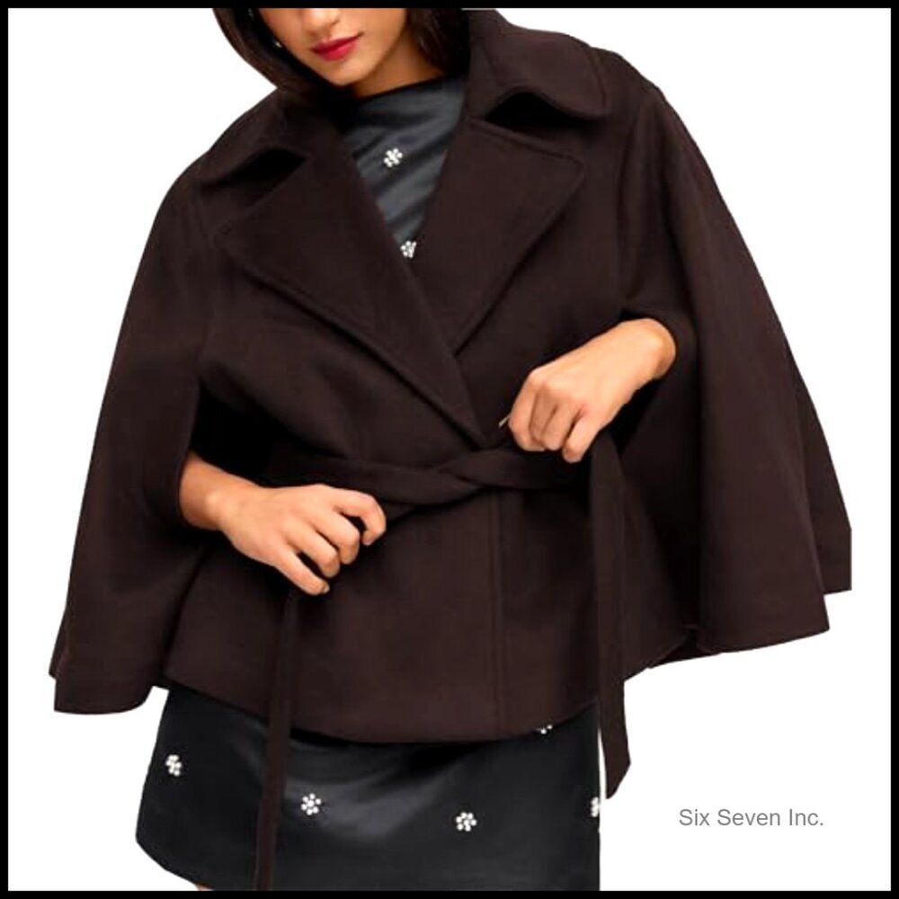 Wool Blend Cape Jacket with Belt Batwing Sleeve Poncho Pea Coat - Picture 4 of 7
